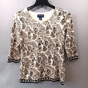 Country Shop SILK Top Blouse  Medium Black Tan Beige Paisley 3/4 Sleeve Beaded